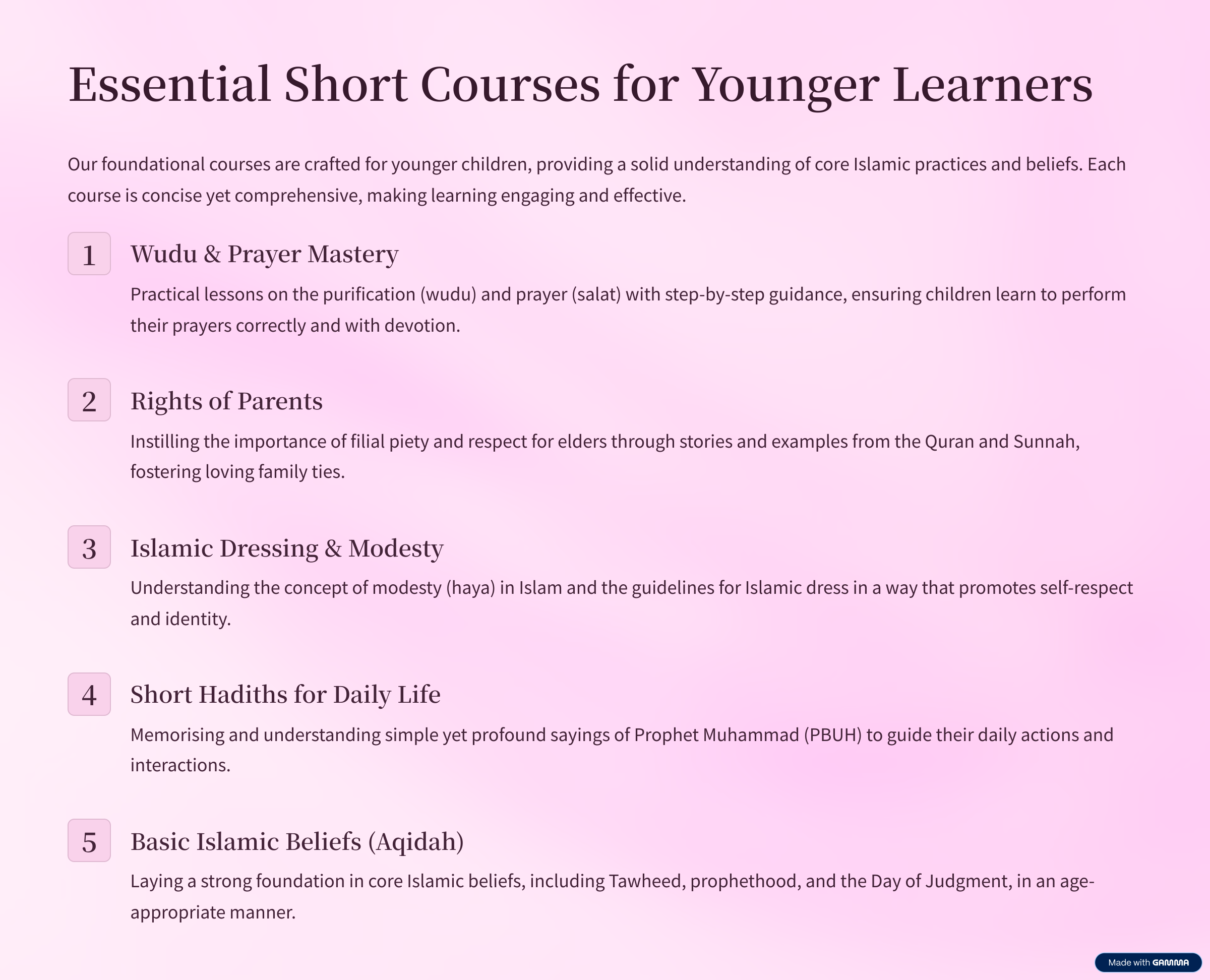 Summer Islamic courses for kids