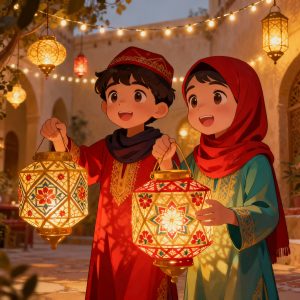 Muslim kids lanterns no Halloween story illustration